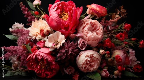 A photo of a vibrant bouquet with roses and peonies.