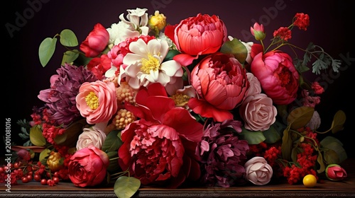 A photo of a vibrant bouquet with roses and peonies.