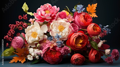 A photo of a vibrant bouquet with roses and peonies.