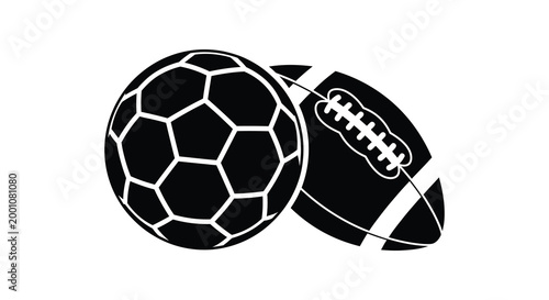 Black and white silhouette of a soccer ball and american football sport icons
