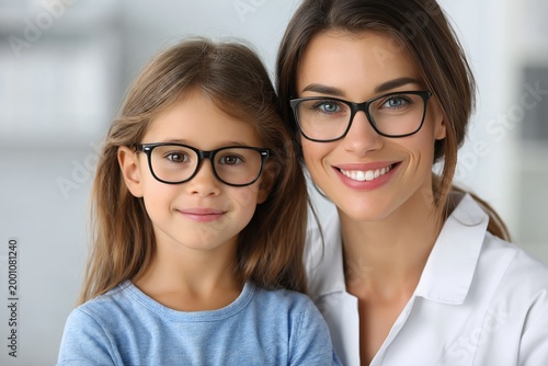 Caucasian female adult and child smiling with glasses indoors