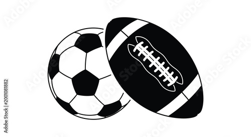 Black and white silhouette of a soccer ball and american football sport icons