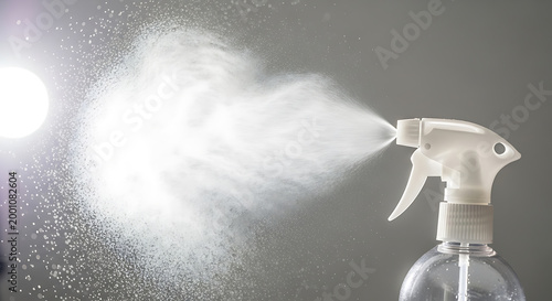 Spray bottle nozzle spraying white mist on gray background with sunlight
