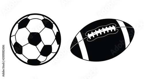 Black and white silhouette of a soccer ball and american football sports equipment