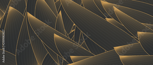 Abstract luxury dark background with elegant golden line art overlapping leaf texture