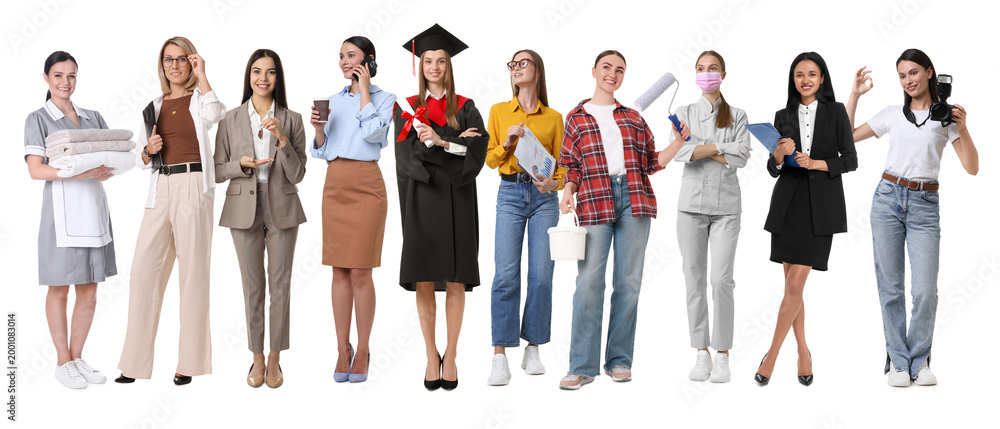 Obraz premium Choice of profession. Graduate student and women of various occupations on white background