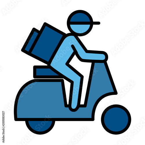 Icon of delivery man driving moped isolated on white