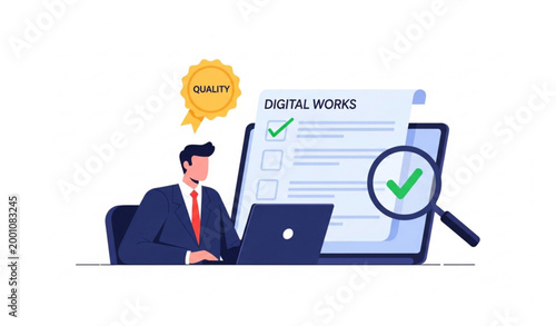 Working and quality compliance audit with businessman checking digital checklist for business process improvement vector