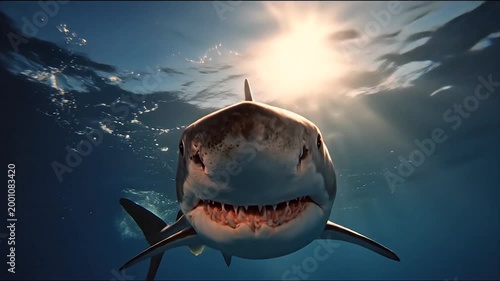Underwater perspective of a shark swimming towards the surface and sunlight
