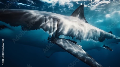 Underwater shark swims in deep ocean waters against sunlight