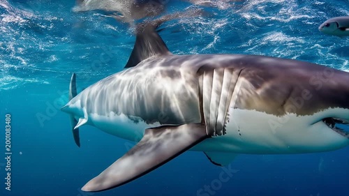 Underwater shot of a great white shark swimming in clear blue ocean