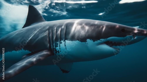 Underwater view of a shark with bubbles in deep blue ocean
