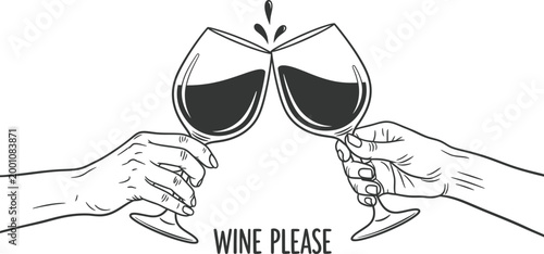 Two hands clinking wine glasses line art illustration wine please