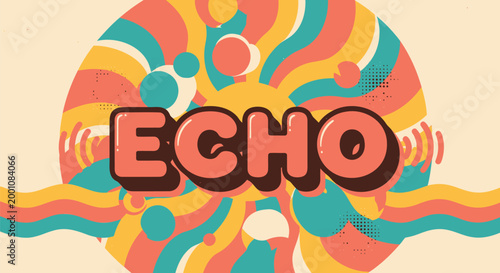 Retro psychedelic echo logo, colorful abstract background, vintage style graphics, swirly patterns