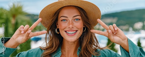 Smiling young woman with braces wearing straw hat and flashing peace signs in summer portrait