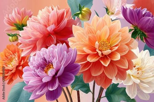 Colorful dahlia bouquet with vibrant petals and pastel floral arrangement for wedding decor