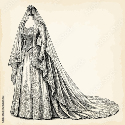 A vintage wedding dress with a long lace veil, featuring intricate embroidery and a flowing train, displayed on a mannequin