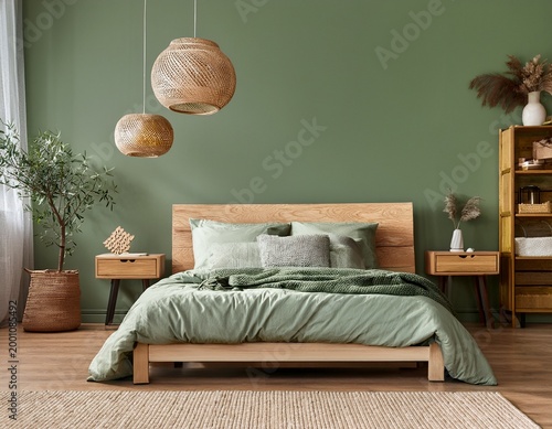 modern bedroom interior with sage green walls cozy bedding and wooden furniture mockup