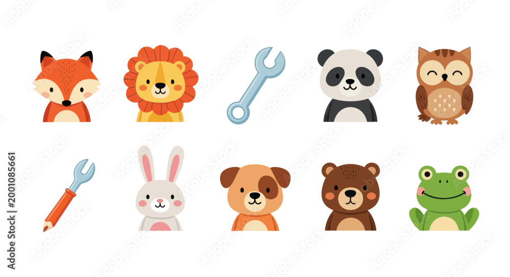 Obraz premium Cartoon animal faces and tools illustration