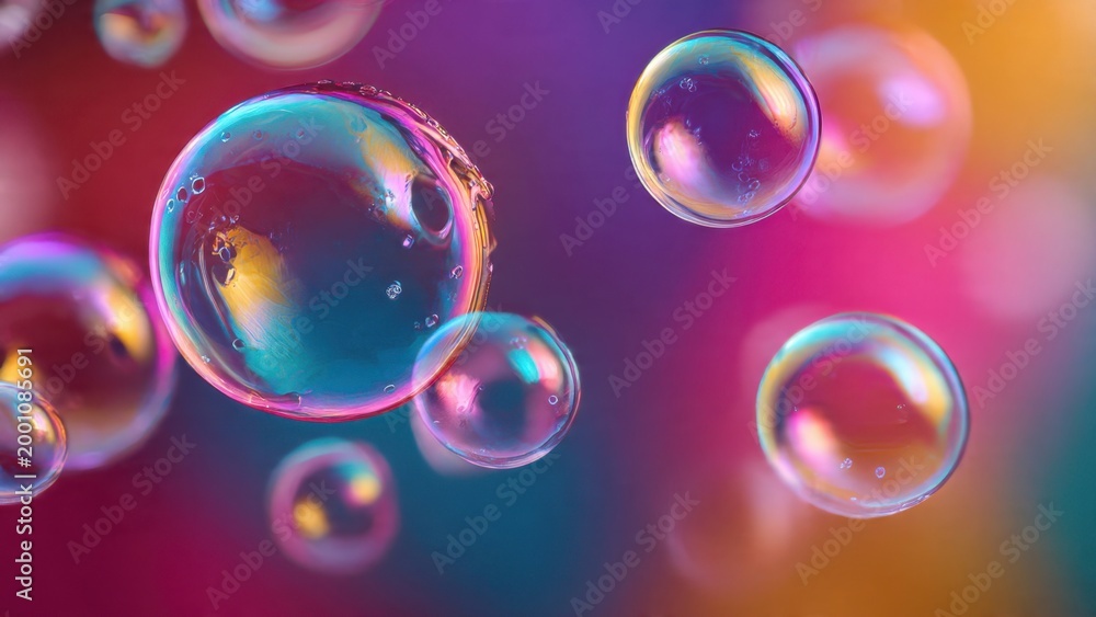 Obraz premium Iridescent Soap Bubbles Floating in Colorful Light