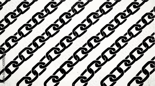 A repeated pattern of black interlinked metal chain segments on a white background, creating a visually striking diagonal texture