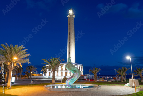 Night photo of Maspalomas lighthouse