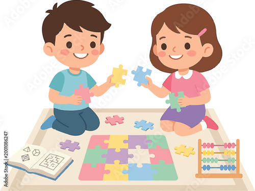 Children happily playing with a puzzle and an abacus, fostering early learning and cognitive development