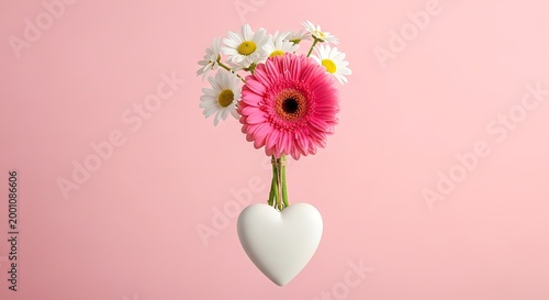 Floral heart a vibrant pink gerbera daisy and white daisies in a heart shaped vase