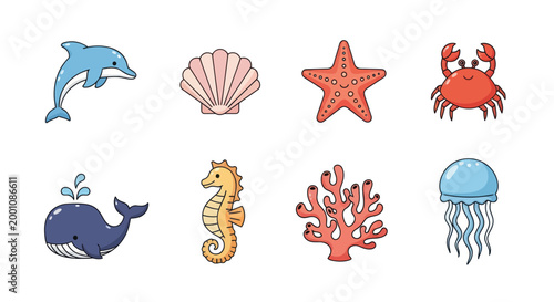 Cartoon aquatic creatures isolated on white