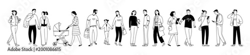 Set of doodles of people walking and doing various activities. Men, women with children, dogs, and people using phones. Vector illustration, isolated