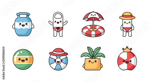Cartoon beach objects and characters
