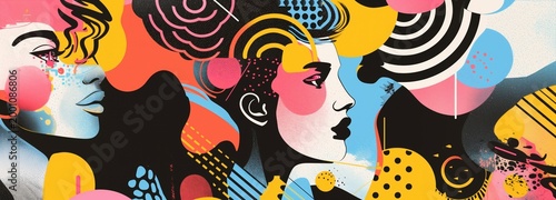 Vibrant Female Mural: An eye-catching mural depicts the strength, diversity, and creativity of women, using bold colors, dynamic shapes, and expressive forms to convey individuality and empowerment.