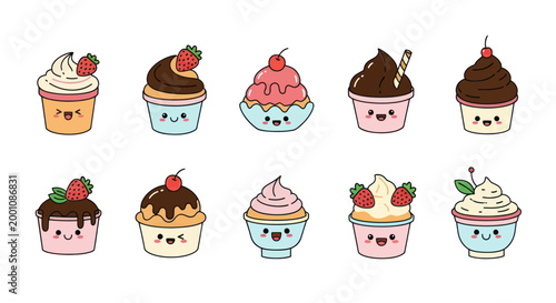 Cartoon cupcakes with smiling faces