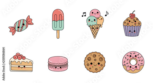 Cartoon desserts collection with cute characters