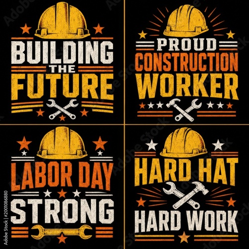 Set of construction worker tshirt designs with hard hat and tools, vintage typography, building the future, proud construction worker