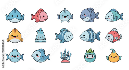Cartoon fish set aquatic life illustrations