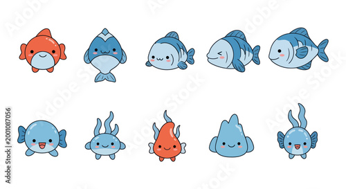 Cartoon fish set aquatic creatures isolated