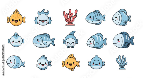 Cartoon fish set on white background