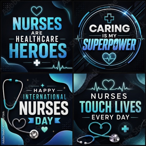 Set of four international nurses day social media post designs with inspirational quotes, medical symbols, and stethoscope illustrations on dark blue backgrounds