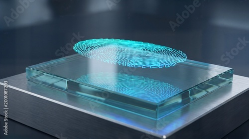 Transparent glass scanning platen on brushed metal base with cyan 3d holographic fingerprint representing biometric security technology