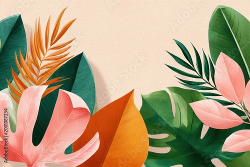 Soft pastel watercolor tropical leaves composition with pink and green foliage on peach background