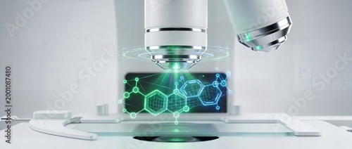 White microscope objective lens scanning laboratory glass slide with glowing hexagonal chemical bonds representing bioinformatics data analysis