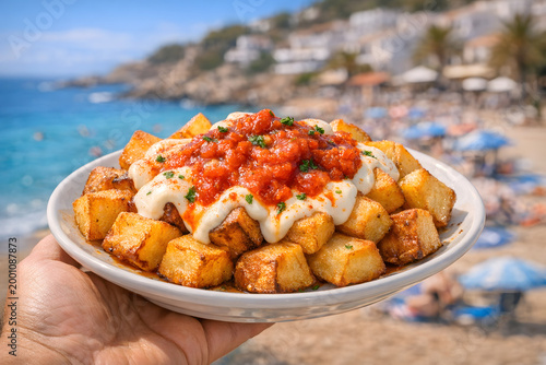 Crispy Patas Bravas with Spicy Tomato Sauce and Aioli overlooking a Mediterranean Beach