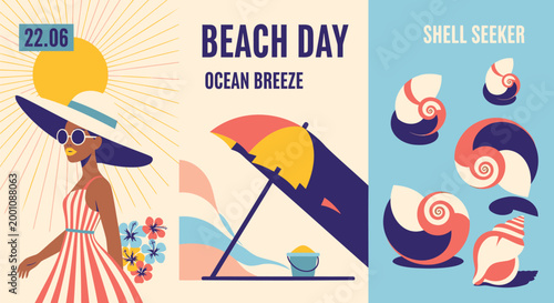 Summer beach, ocean breeze, shell seeker icons, colorful illustrations, beach day
