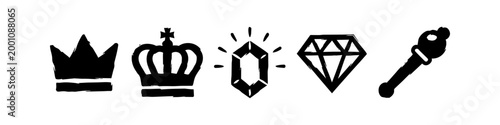 Set of Hand-Drawn Royal Icons: Crowns, Diamond, Gemstone, and Scepter Silhouettes with Artistic Brush Stroke Style for Logo and Graphic Design Elements