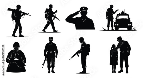 Military personnel silhouette collection soldiers veterans and support staff in black