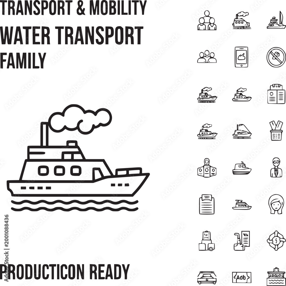 Obraz premium Water transport and mobility icon set, black line ship and boat family collection, maritime vessel outline symbols for nautical navigation eps