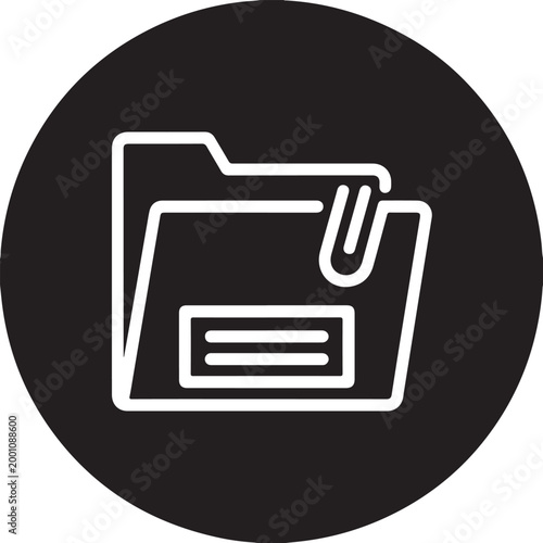 White line icon of a document folder with a paperclip on a black circular background