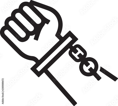 Black and white icon of a human fist held in metal chains representing freedom and justice