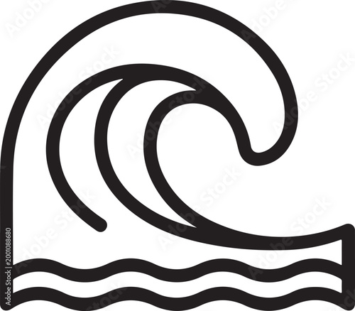 Simple black and white line art icon of a crashing ocean sea wave